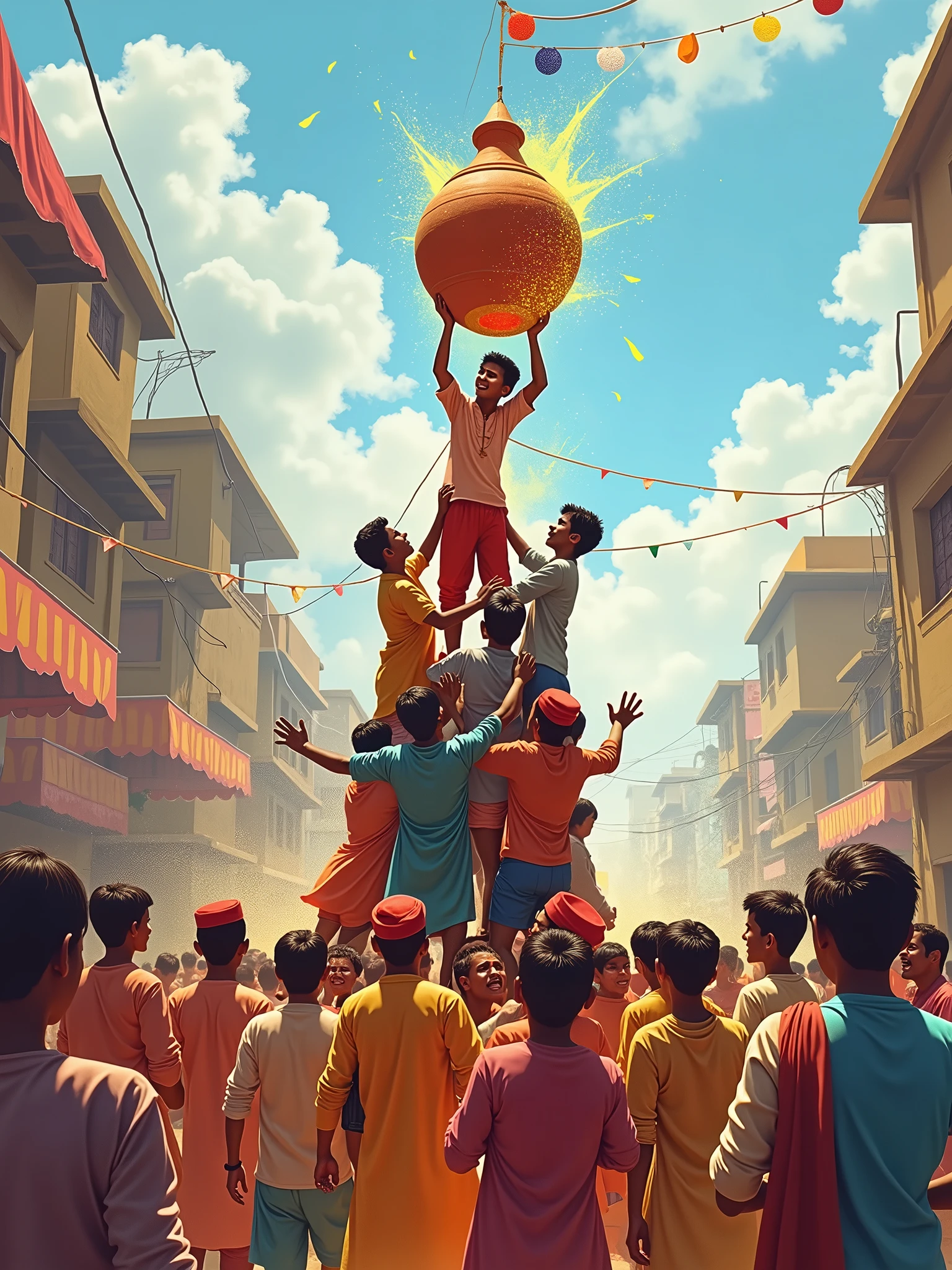 Create a vibrant sketch of the Dahi Handi festival, capturing the excitement and energy of the event. The scene should feature a small ??? pyramid of enthusiastic participants, with young men and boys climbing on each other's shoulders to reach a clay pot (handi) suspended high above. The setting is a crowded street in an Indian town, filled with cheering onlookers, colorful decorations, and splashes of water in the air. Traditional attire, such as kurtas and turbans, should be worn by the participants, and the overall atmosphere should be festive and lively, reflecting the joyous spirit of the celebration