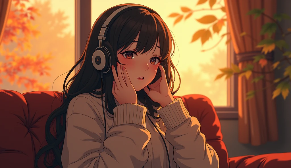 Perfect image, 8k, High school girl listening to music in a cozy room,Big Breasts、 Using headphones, 2D-style animation, Lo-Fi,autumn leaves、autumn、Looks sleepy、Retro、Anime style illustrations、Mature atmosphere、Wearing knitwear