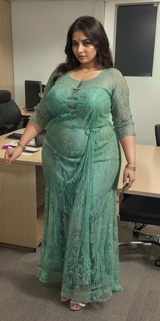 Day scene, A radiant, full-figured South Indian 35 year old aunty a green colour chiffon gown ,standing, in a office captured in a full-body image with vibrant hues and meticulous details. Full body image