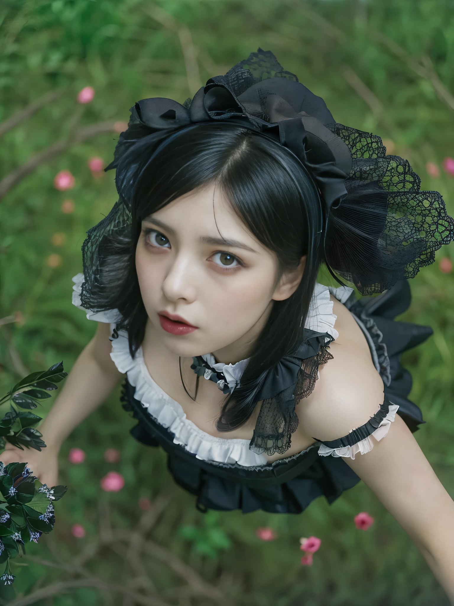 Top quality, one beautiful woman, black hair, (gothic ta:1.3), miniskirt, (Massive Breasts), 35mm lens, f/1, (Agitated:1.2), (from directly below:1.8)