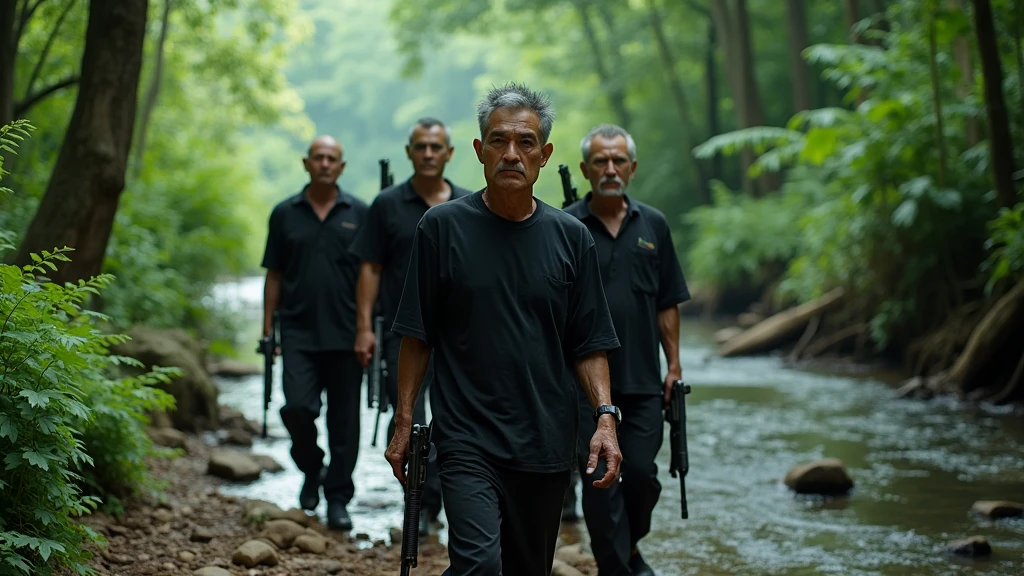 Five Thai men around 50years olds wearing old black cloths  walking in the forest nearby the small river and on their hand is holding  guns looking from behind 8k  