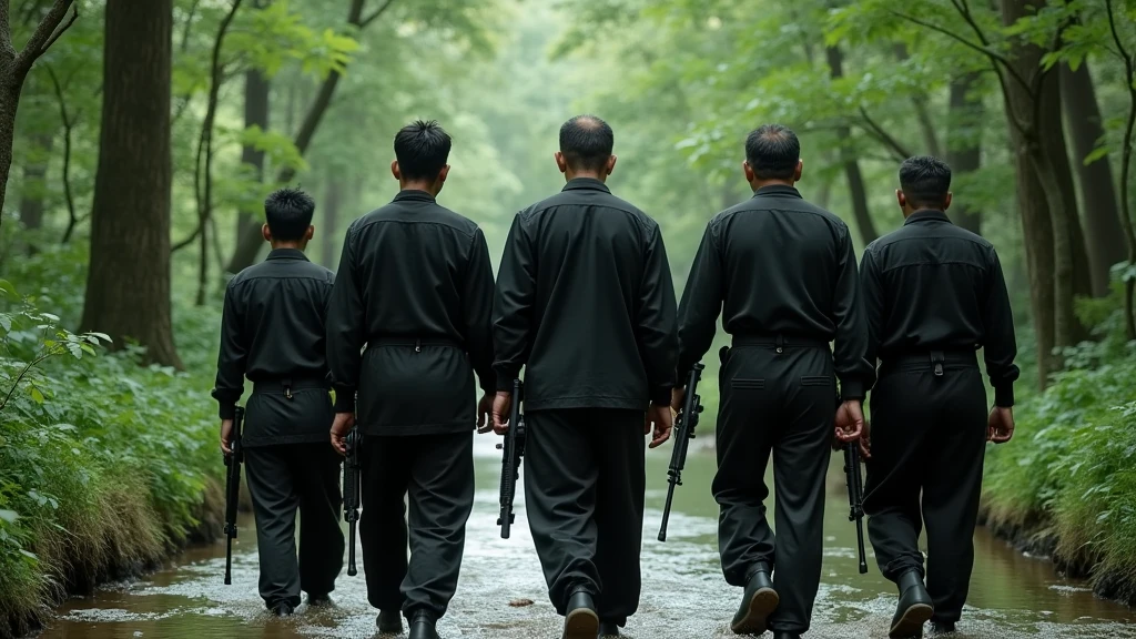 Five Thai men around 50years olds wearing old black cloths  walking in the forest nearby the small river and on their hand is holding  guns looking from behind 8k  