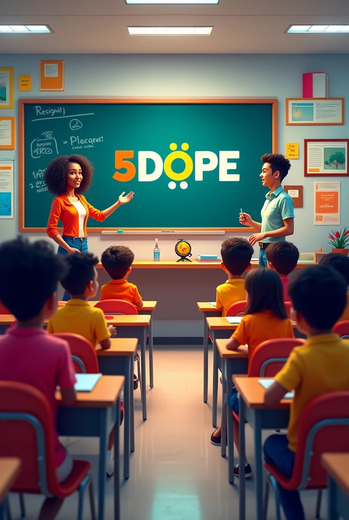 a classroom with teacher and students, logo 5dope in the top of black board