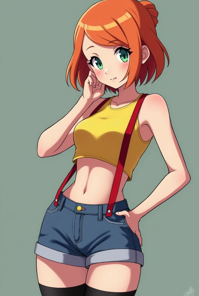 Wallpaper,masterpiece,High resolution,8K,Detailed anatomy
(Misty_Pokemon)(1 18-year-old girl)
(Berry Short,Orange Hair,one side up hair,Big green eyes,Small breasts,Skinny)
(Yellow sleeveless T-shirt,Belly button exposed,Denim hot pants,Red suspenders,sneakers) rocket,team rocket uniform, red letter R, white skirt,white crop top,black thigh-highs