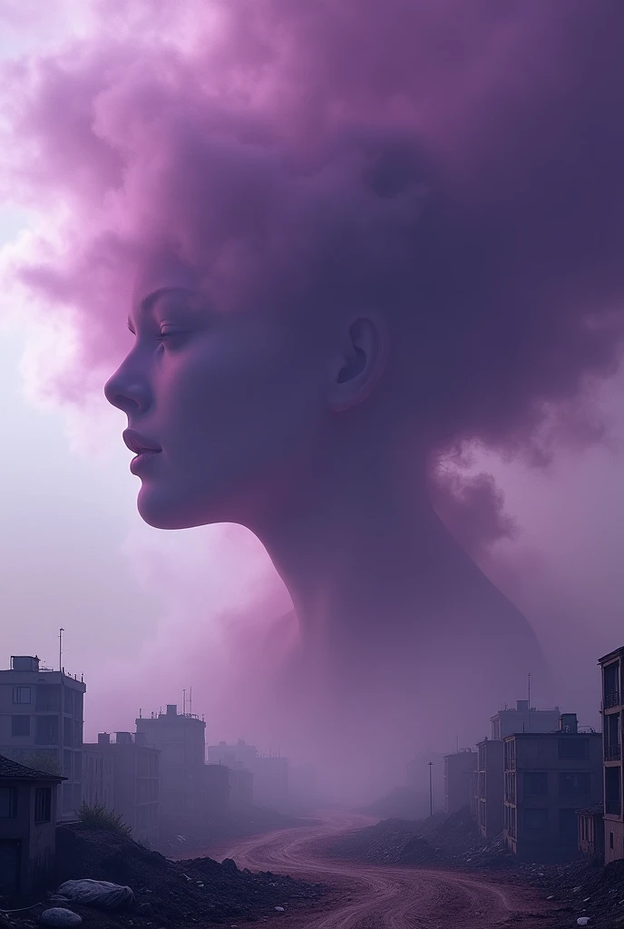 ((Purple mist and smoke shroud:1.7)), (Mysterious Fog:1.5), A visualization of an intense storm: the stormcloud takes the shape of a woman's face, obscured by the shadows and nuances of the turbulent cloud formations. From her mouth, strong winds are emitted, metaphorically speaking. These potent gusts are causing significant damage to a cityscape, reducing buildings to dust. Debris is scattered by the storm, painting a picture of the raw power of nature. However, the scene is devoid of people ensuring everyone's safety is prioritized in this imaginative depiction.