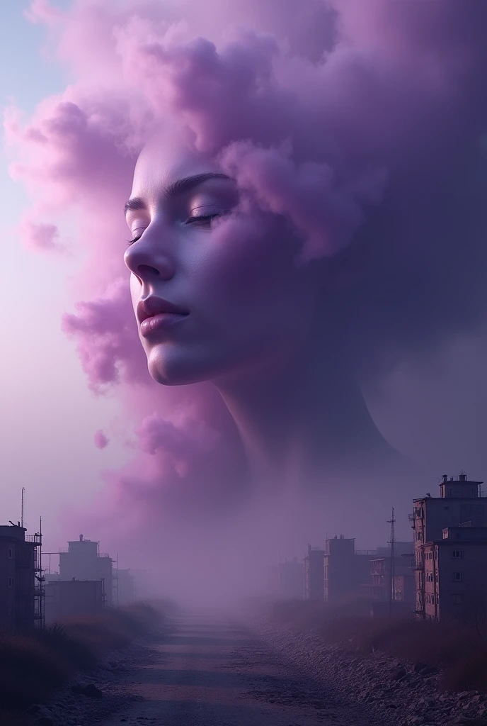 ((Purple mist and smoke shroud:1.7)), (Mysterious Fog:1.5), A visualization of an intense storm: the stormcloud takes the shape of a woman's face, obscured by the shadows and nuances of the turbulent cloud formations. From her mouth, strong winds are emitted, metaphorically speaking. These potent gusts are causing significant damage to a cityscape, reducing buildings to dust. Debris is scattered by the storm, painting a picture of the raw power of nature. However, the scene is devoid of people ensuring everyone's safety is prioritized in this imaginative depiction.