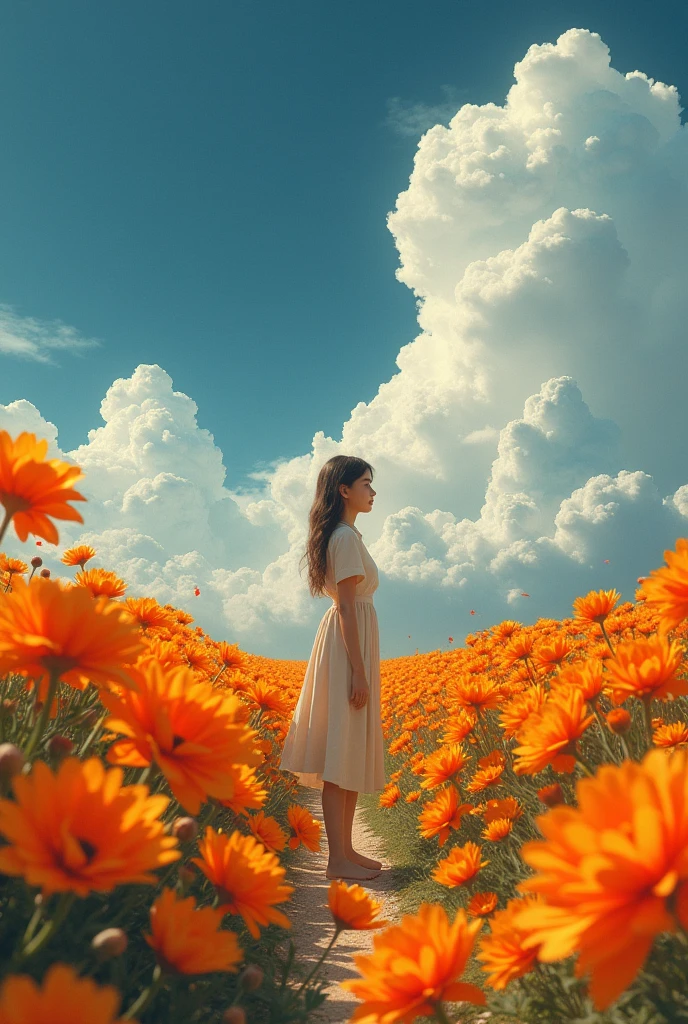 One girl is standing at the orange flower garden, there is a big orange flower , she look, clouds in the sky , dark blue