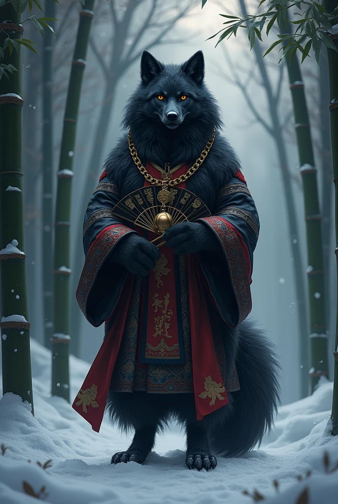furry wolf black fur crimson pattern neck with black and gold bell winter bamboo forest traditional Chinese clothing low light night iron fan tall mature full body picture