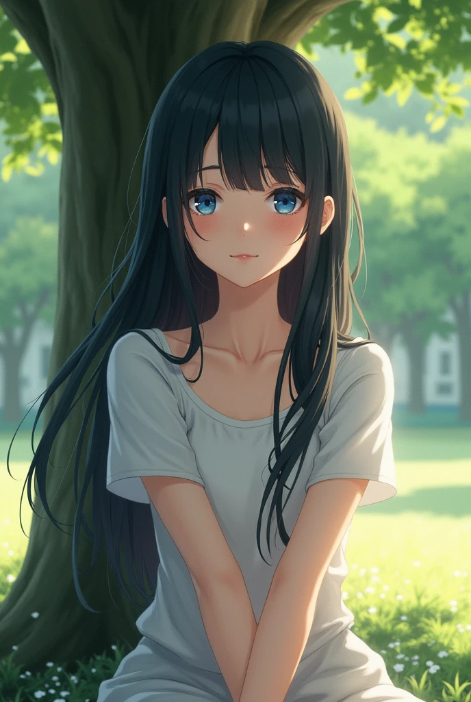Realistic anime youth girl with model vibes, blue eyes, straight black hair with bangs, long eyelashes, straight eyebrows, pale skin, in the park sitting under a tree