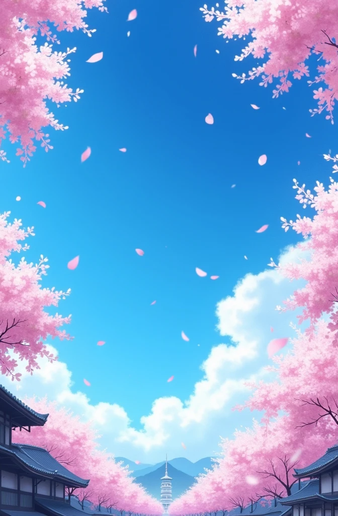 A breathtaking expanse of blue sky dominates the center of the image, its azure hue vibrant and clear. Framing this vast blue canvas is an abundance of cherry blossoms in full bloom. The pink flowers create a lush border around the edges of the scene, their delicate petals a stark contrast to the bold blue of the sky. Cherry blossom petals drift gently through the air, creating a romantic, dreamlike atmosphere.
At the bottom of the image, subtle architectural elements peek through the cherry blossom trees. These could be traditional Japanese buildings or modern structures, their rooftops just visible amidst the sea of pink blossoms. The buildings should occupy only a small portion of the overall image, serving as a grounding element to the ethereal scene above.
The overall composition emphasizes the harmony between the vast blue sky, the profusion of cherry blossoms, and the hint of human presence below, capturing a moment of natural beauty and serenity.