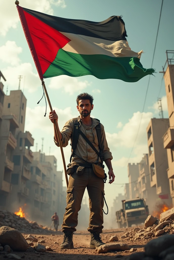 man with flag Palestine in middle of war