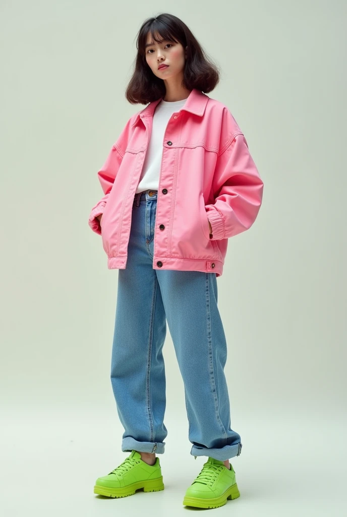 person wearing pink jacket blue jeans outfit and green shoes
