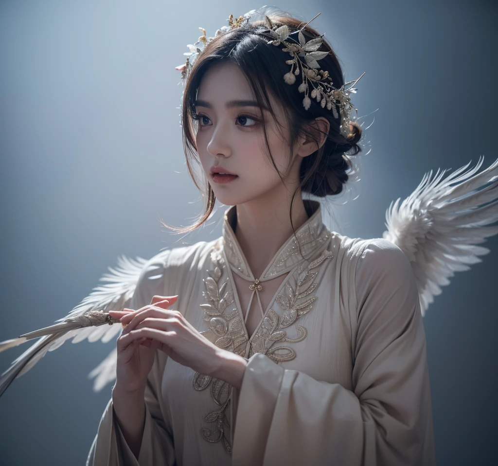 The scene is atmospheric、wide, Pictures of ancient sacrifices, Smoky, Birds in human clothes are dancing, Sunday, (Detailed clothing details, Delicate clothing lighting), Vaguely visible, Detailed bird feathers, Complicated visuals, (Full of weird and mysterious pictures), Cloudy background, The photos are realistic, 8K,
