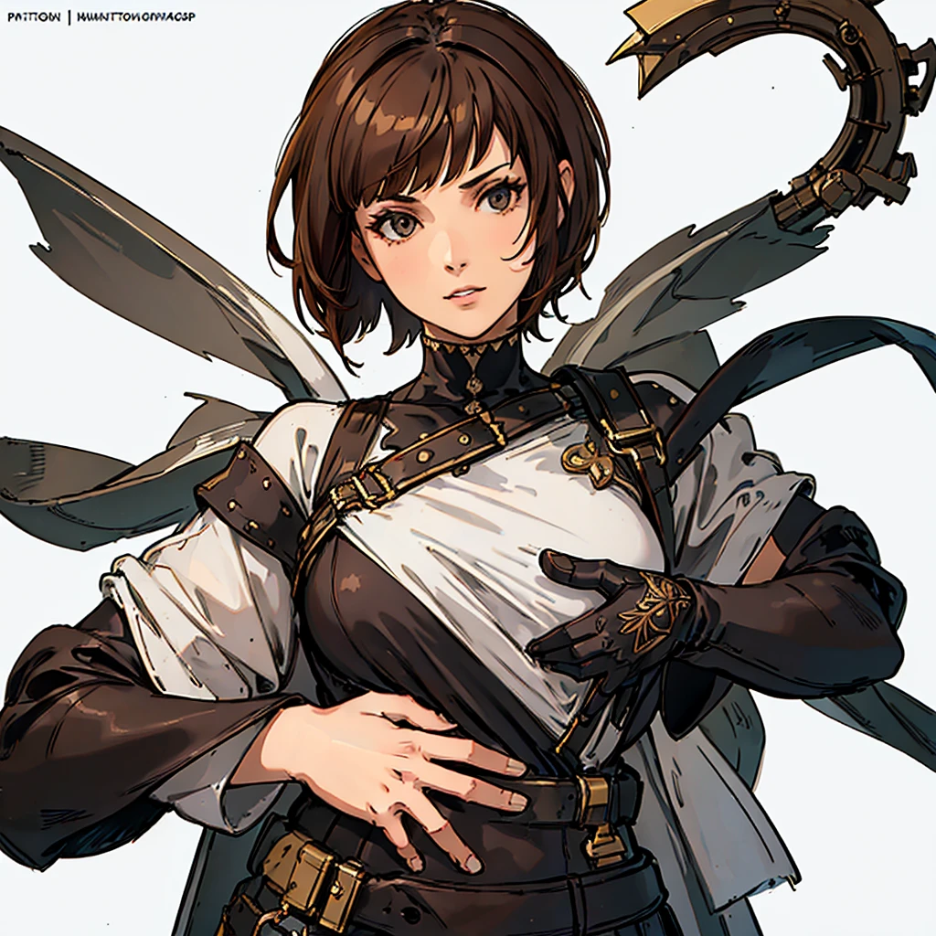 (((white background))), best quality, solo, 1 woman,portrate,ninjya,bangs,looking at viewer,short hair,brown hair,pretty woman,masterpiece, intricate details, tonemapping, sharp focus, hyper detailed, trending on Artstation,