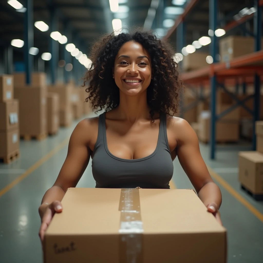 a woman(lifting big boxes with hands),in warehouse, (looking at the cameraman, gentle smile, glowing eyes, sparkling eyes, smile, light smile, Wide-Angle, Fujifilm, Wide-Angle, Fujifilm, masterpiece, accurate, super detail, high details, high quality, best quality, highres, HD, 4K, masterpiece, accurate,, super detail, high details, high quality, best quality, highres, HD, 4K