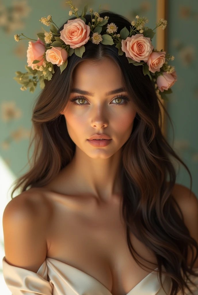 photorealistic portrait of a beautiful young woman, long flowing hair, detailed facial features, subtle makeup, elegant expression, intricate floral crown, luxurious satin dress, soft natural lighting, warm color palette, cinematic composition, photographic quality, hyper-detailed, masterpiece