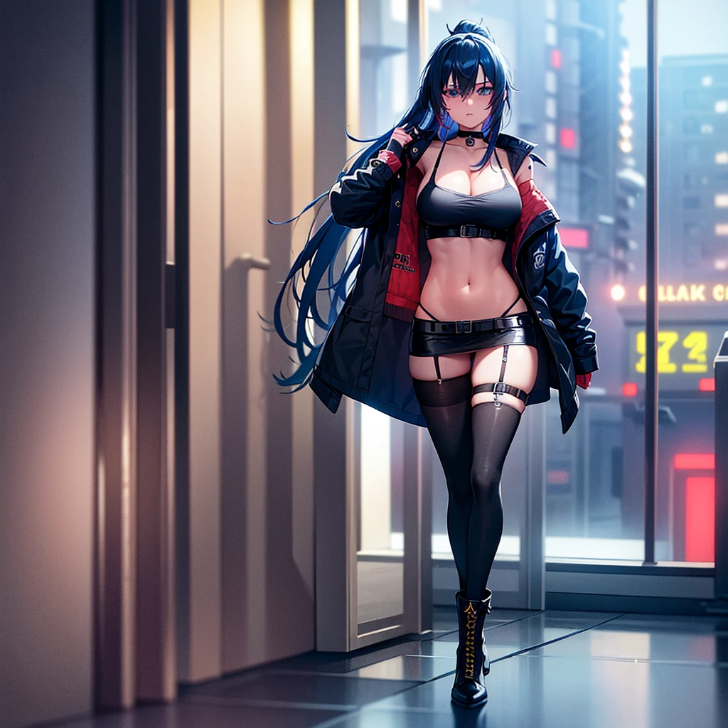 1girl, solo, long hair, breasts, looking at viewer, bangs, blue eyes, skirt, large breasts, thighhighs, long sleeves, navel, cleavage, hair between eyes, closed mouth, underwear, blue hair, standing, collarbone, panties, full body, ponytail, red hair, multicolored hair, boots, open clothes, shoes, choker, midriff, belt, black thighhighs, indoors, miniskirt, black skirt, stomach, black footwear, two-tone hair, streaked hair, coat, crop top, v-shaped eyebrows, thigh strap, ass visible through thighs, black choker, pantyshot, pencil skirt, black belt, open coat, black coat, taut clothes, tube top, with the word "Kali Linux" written on her outfit, servers and computers are visible in the background in a cyberpunk-style environment, featuring neon lights, futuristic buildings, and a high-tech urban atmosphere.