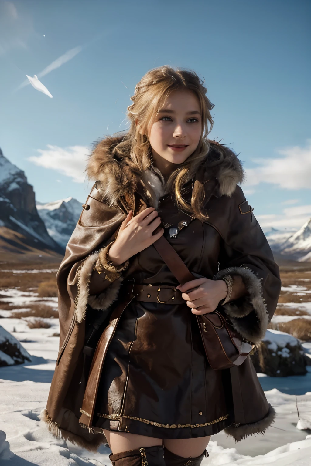 8k, masterpiece, best quality, ultra-realistic, highly detailed, full image, 1female, solo, dnd, d&d, dungeons and dragons, dungeons & dragons, rpg, bard, 20 year old girl, very beautiful smiling girl, walking girl, blonde hair, blue eyes, sexy girl, in an Arctic setting. She is dressed in a brown studded leather bodice, a medium leather skirt, high boots and over a warm, layered outfit made of thick, durable fabrics and adorned with fur accents to protect her from the bitter cold. Her attire includes a heavy fur-lined cloak, an intricately patterned tunic, and sturdy boots, all in earthy hues that blend in with the icy landscape.She wears at her side an elegant and light The setting is a vast snowy land with towering ice formations and a pale, wintry sky. The atmosphere should convey both the harshness of the Arctic environment and the resilience and grace of the bard traversing the frozen moors.