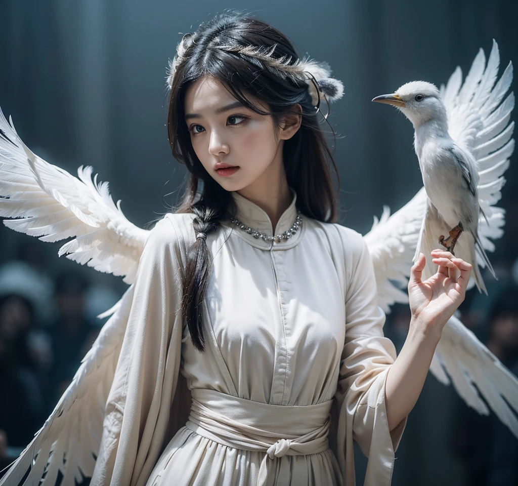 The scene is atmospheric、wide, Pictures of ancient sacrifices, Smoky, Birds in human clothes are dancing, Sunday, (Detailed clothing details, Delicate clothing lighting), Vaguely visible, Detailed bird feathers, Complicated visuals, (Full of weird and mysterious pictures), Cloudy background, The photos are realistic, 8K,