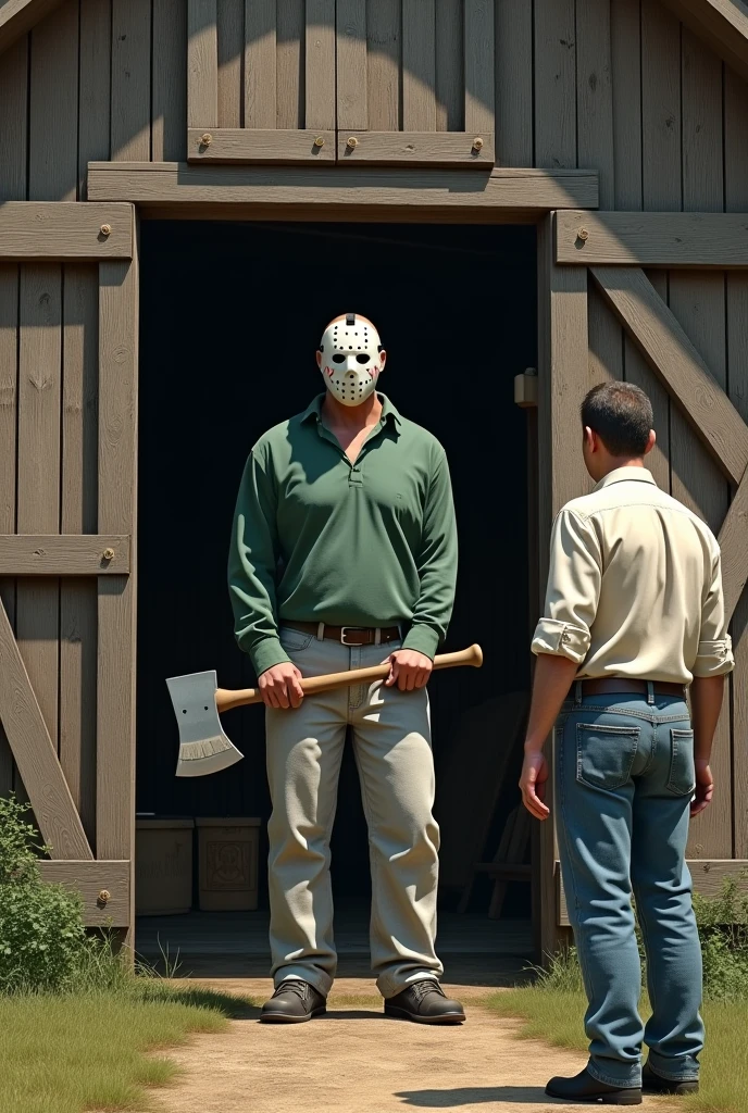 Full view of a typical American wooden barn with a 1 year old bald man.90 tall man in the entrance wearing a white hockey mask with some holes in the cheeks, green long sleeve shirt, light grey cloth pants and black shoes, And in his hands he carries an axe while he watches another man a little shorter dressed in a light shirt and jeans