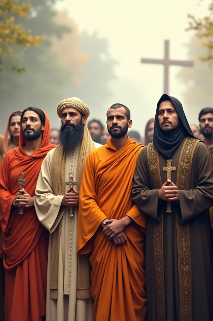 Hindus, Buddhists, Muslims, Christians are all standing together wearing their clothes.