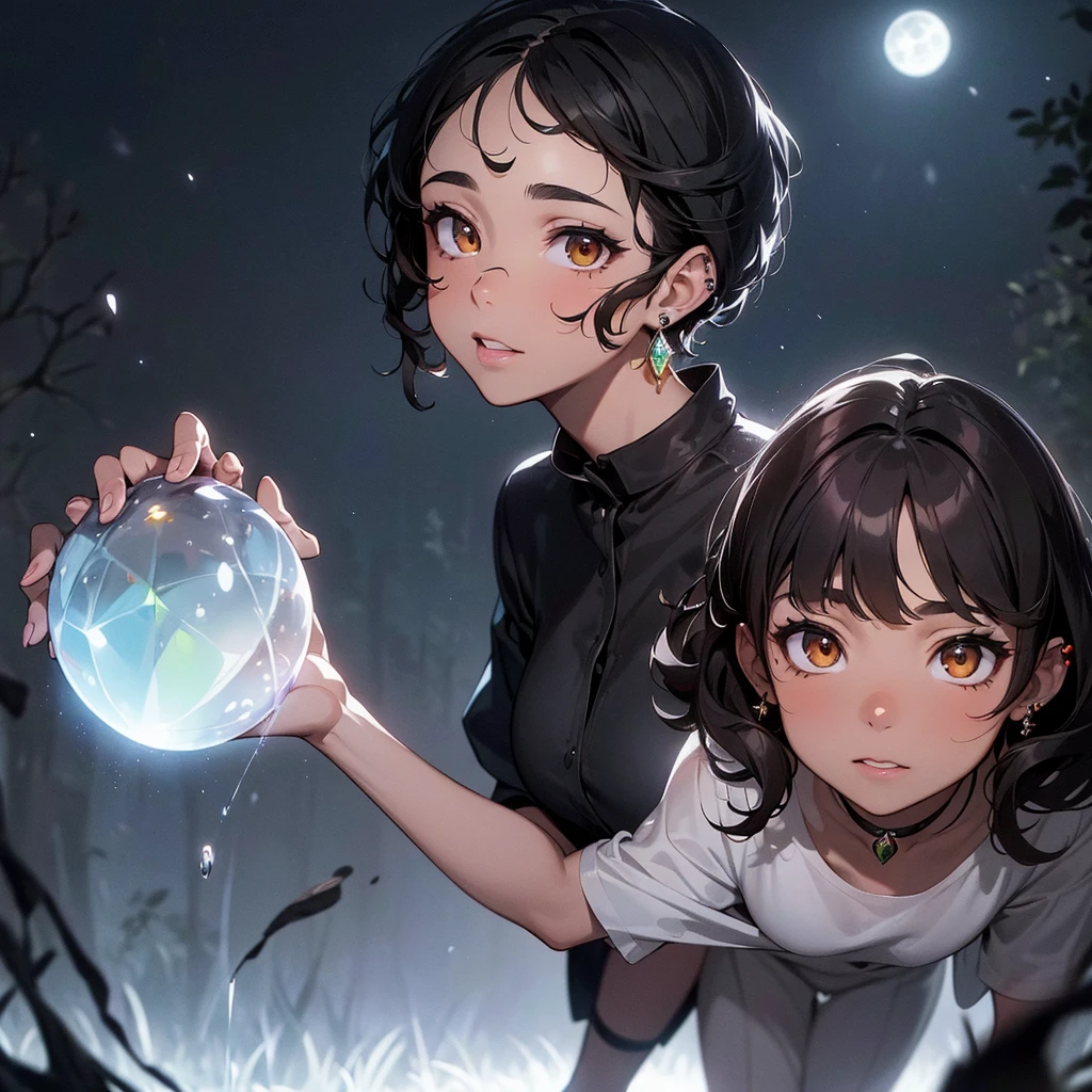 a beautiful witch with amber brown eyes, small slanted eyes, a small mouth, pale skin, a pixie cut shaved black hair, an eyebrow piercing, an ear piercing, gazing into a luminous crystal ball, in a nighttime forest, with an owl nearby, mushrooms scattered on the ground, a black cat, a starry sky with a waning moon, her dark-skinned boyfriend with curly brown hair and full lips standing behind her, (best quality,4k,8k,highres,masterpiece:1.2),ultra-detailed,(realistic,photorealistic,photo-realistic:1.37),dark composition,dark illuminated,ângulo aberto