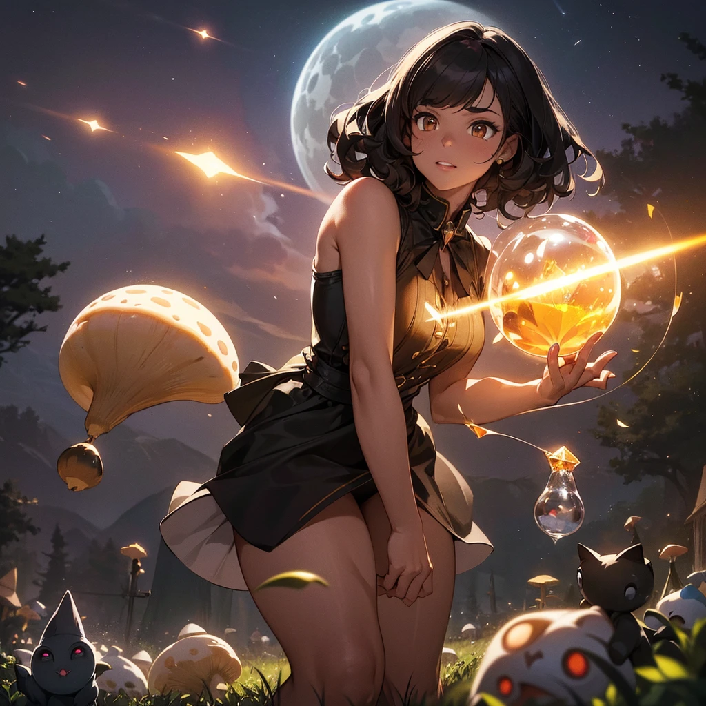 a beautiful witch with amber brown eyes, small slanted eyes, a small mouth, pale skin, a pixie cut shaved black hair, an eyebrow piercing, an ear piercing, gazing into a luminous crystal ball, in a nighttime forest, with an owl nearby, mushrooms scattered on the ground, a black cat, a starry sky with a waning moon, her dark-skinned boyfriend with curly brown hair and full lips standing behind her, (best quality,4k,8k,highres,masterpiece:1.2),ultra-detailed,(realistic,photorealistic,photo-realistic:1.37),dark composition,dark illuminated,ângulo aberto