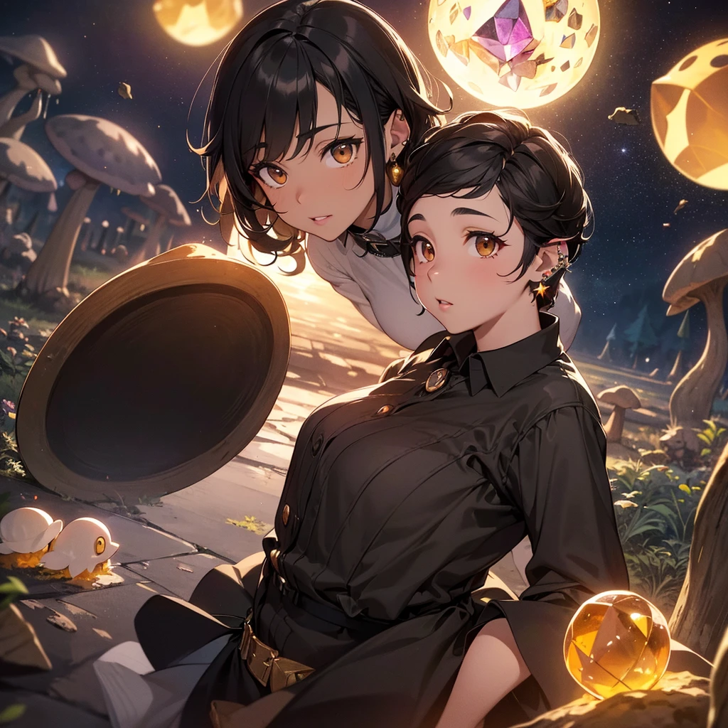 a beautiful witch with amber brown eyes, small slanted eyes, a small mouth, pale skin, a pixie cut shaved black hair, an eyebrow piercing, an ear piercing, gazing into a luminous crystal ball, in a nighttime forest, with an owl nearby, mushrooms scattered on the ground, a black cat, a starry sky with a waning moon, her dark-skinned boyfriend with curly brown hair and full lips standing behind her, (best quality,4k,8k,highres,masterpiece:1.2),ultra-detailed,(realistic,photorealistic,photo-realistic:1.37),dark composition,dark illuminated,ângulo aberto