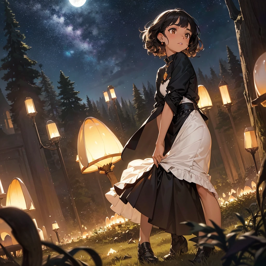 a beautiful witch with amber brown eyes, small slanted eyes, a small mouth, pale skin, a pixie cut shaved black hair, an eyebrow piercing, an ear piercing, gazing into a luminous crystal ball, in a nighttime forest, with an owl nearby, mushrooms scattered on the ground, a black cat, a starry sky with a waning moon, her dark-skinned boyfriend with curly brown hair and full lips standing behind her, (best quality,4k,8k,highres,masterpiece:1.2),ultra-detailed,(realistic,photorealistic,photo-realistic:1.37),dark composition,dark illuminated,ângulo aberto