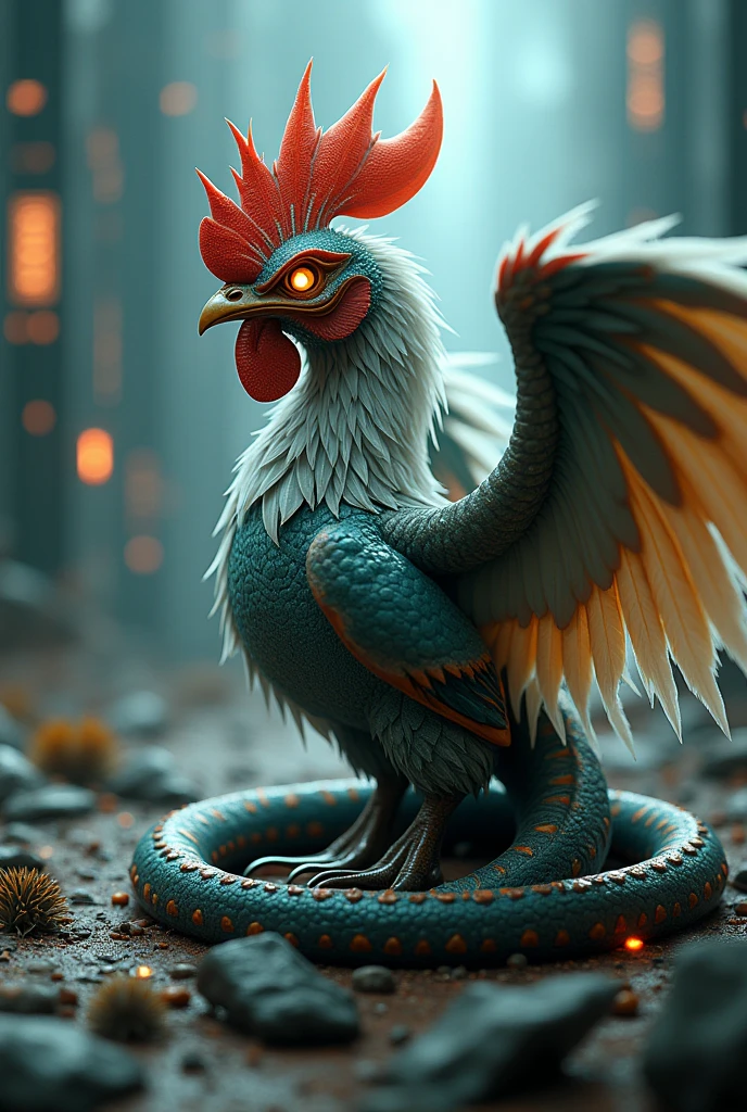 masterpiece, awesome quality, hyper detailed, DonMD1g174l4sc3nc10n,cyberspace,pixelize, cockatrice, small mythical creature, serpent body, (rooster:.6) head, feathered wings, sharp claws, feathered skin, beak with fangs, venomous bite,crest on head, fierce eyes, deadly breath, fierce aggressive demeanor ,