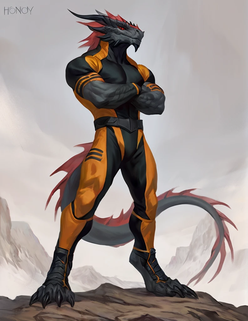 a ferocious male dragonborn, solo, muscular detailed body, standing with crossed arms, full body, black color body, red eyes, pants, armless bodysuit, comicbook style, best quality, 4k, ultra-detailed, by laobai, by taran fiddler, by honovy