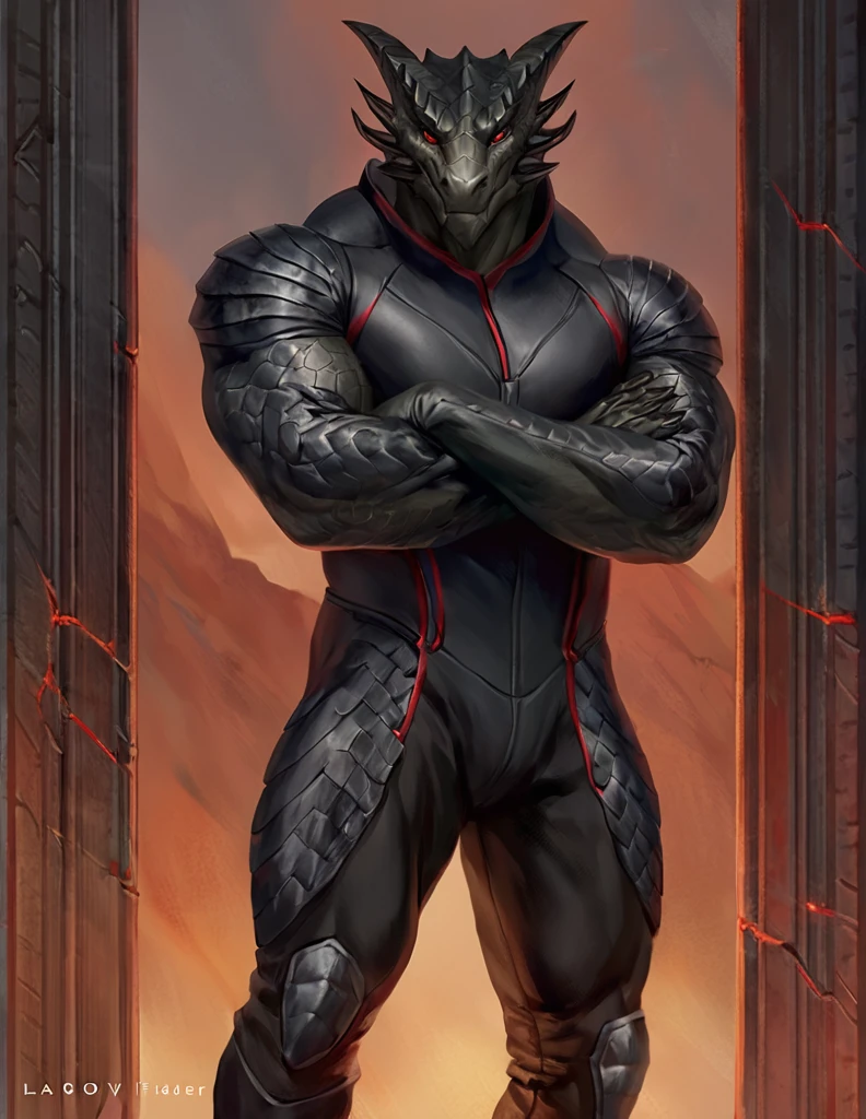 a ferocious male dragonborn, solo, muscular detailed body, standing with crossed arms, full body, black color body, red eyes, pants, armless bodysuit, comicbook style, best quality, 4k, ultra-detailed, by laobai, by taran fiddler, by honovy