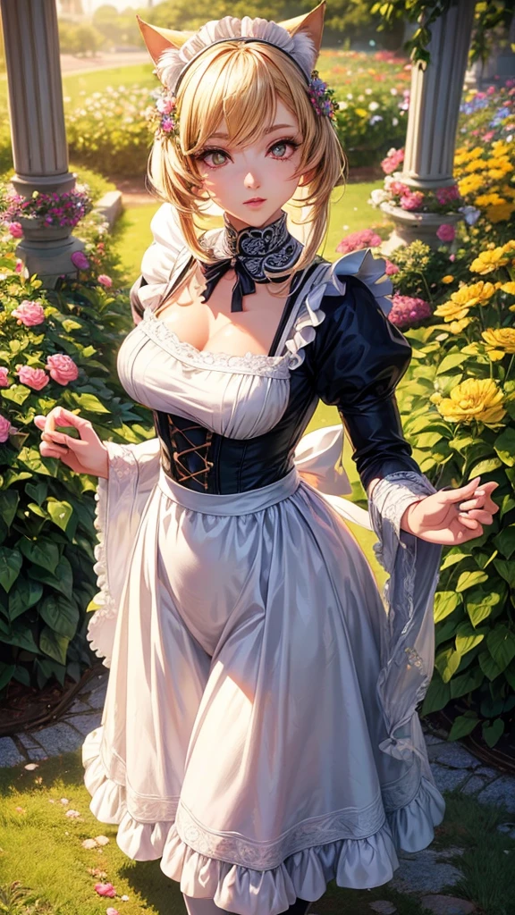 a cute anime-style catgirl, full body, detailed facial features, beautiful detailed eyes, beautiful detailed lips, extremely detailed face, long eyelashes, wearing a maid outfit, intricate details, detailed clothing folds, standing in a flower garden, golden sunlight, vibrant colors, highly detailed, 8k, photorealistic, masterpiece