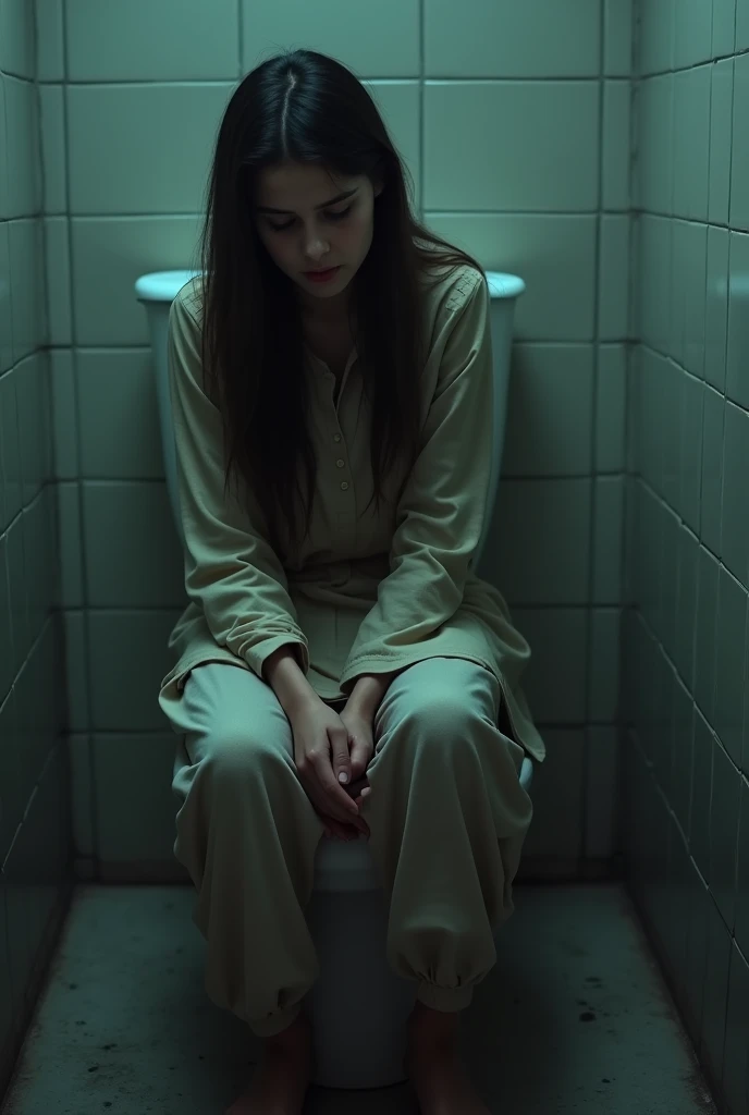A Pakistani ager girl unconscious sitting in the toilet seat