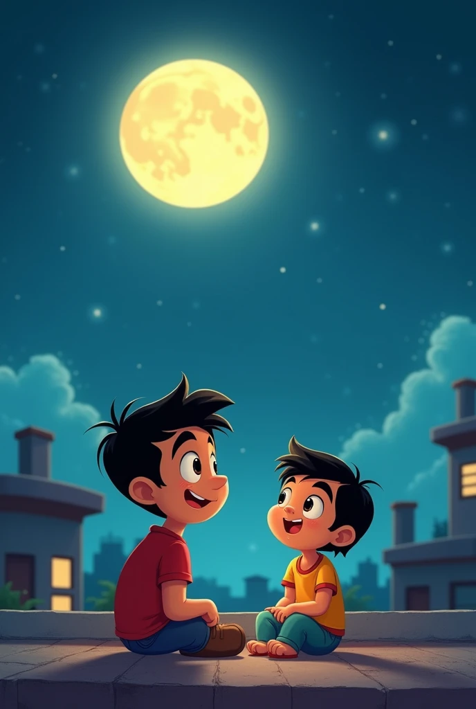 Pappu and Gabboo Discussing the Moon:

An outdoor night scene where Pappu and Gabboo are sitting on a rooftop, gazing at the moon. Pappu asks Gabboo why people don’t bathe on the moon if there’s water. Gabboo, with a serious but funny expression, explains that there’s no soap on the moon. The moon is shining brightly in the sky, and the two friends are engaged in a light-hearted conversation.