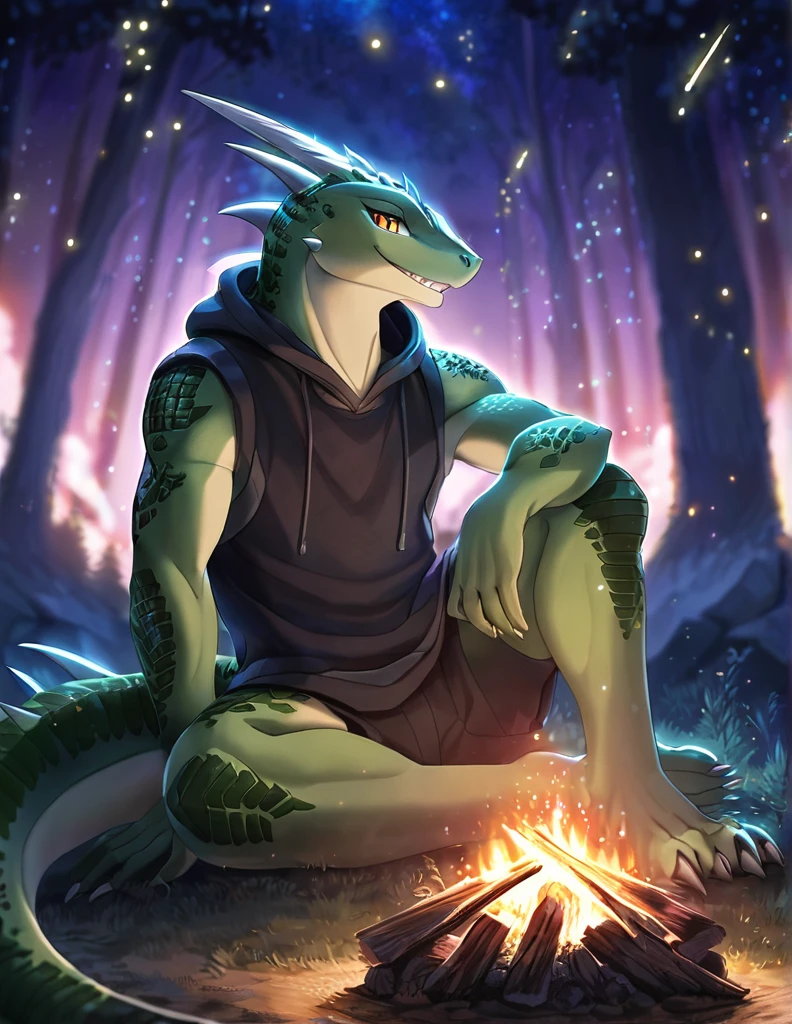 solo, kemono, (lizard), anthro, male ((green body)), scales, tail, horn on his head, handsome, soft grin, glance at viewer(black scifi sleeveless hoodie, hooded) fantasy, outdoors, outside, dark, night, forest, campfire, camp, stars, sitting, toe claws, epic, depth of field, perfect lighting, (light particles),(best quality),(masterpiece),(ultra detailed),sharp focus,light particles