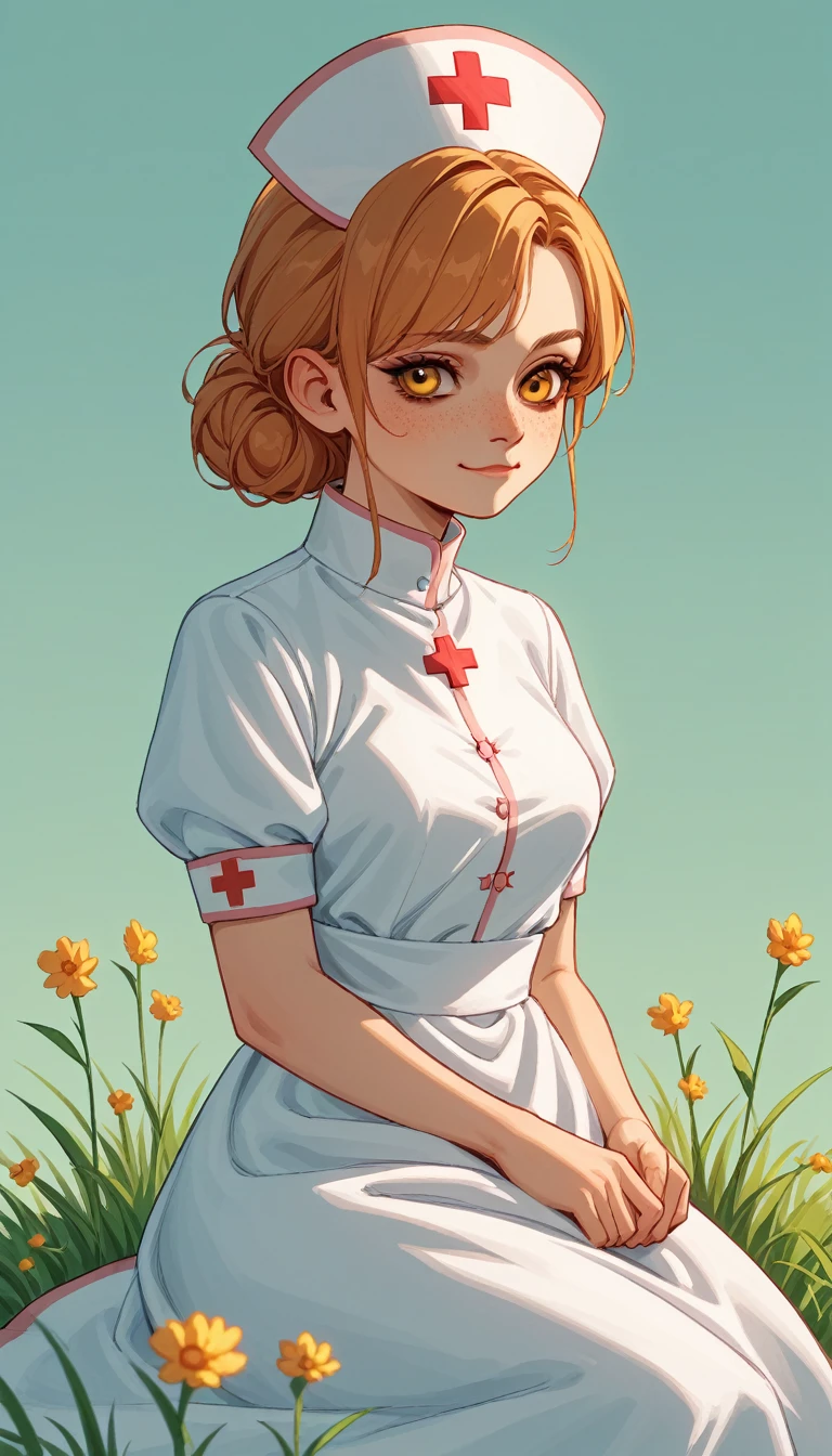 score_9, score_8_up, score_7_up, score_6_up, score_5_up, score_4_up, BREAK source_furry, rating_safety,
Gnome, small human, female, short height, golden eyes, (smiled face expression), (holding healing grass), short plump body, medieval fantasy nurse clothes, nurse hat on top head, nurse robe top and bottom, solo, simple background