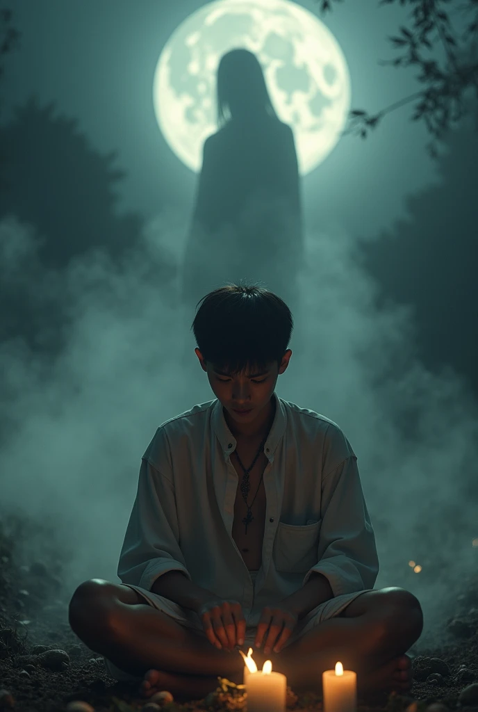 Picture of a traditional Thai funeral, Ancient Thai, Wang Weng atmosphere, Chilling and chilling, Reference to the funeral of Mae Nak Phra Khanong, ไอ้มากนั่งโศกเศร้าในgraveyard, Sharp picture, moon, Smoke dust, A young man sits guarding a grave.(แบบAncient Thai), graveyard, There is a shadow of a ghost girl.(Drifting in thin air), Tears flowing, Farewell between ghost and human, Farewell, Mourning,