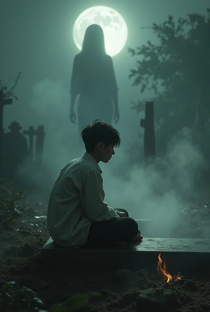 Picture of a traditional Thai funeral, Ancient Thai, Wang Weng atmosphere, Chilling and chilling, Reference to the funeral of Mae Nak Phra Khanong, ไอ้มากนั่งโศกเศร้าในgraveyard, Sharp picture, moon, Smoke dust, A young man sits guarding a grave.(แบบAncient Thai), graveyard, There is a shadow of a ghost girl.(Drifting in thin air), Tears flowing, Farewell between ghost and human, Farewell, Mourning,