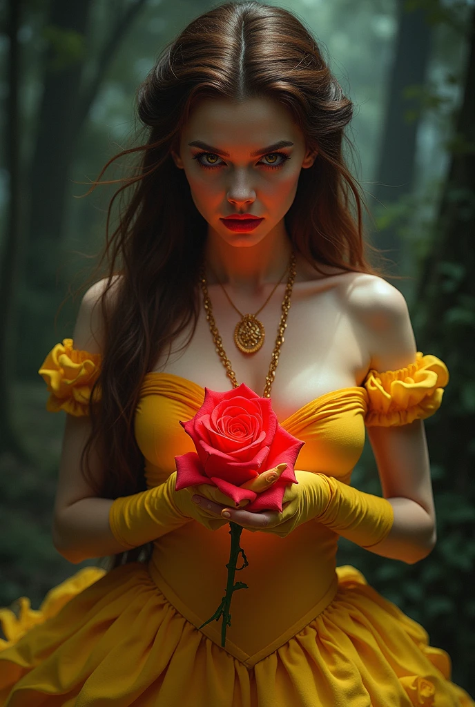 "Bella" de la Bella y la bestia, villain version, with yellow and orange colors, sleeveless dress, long, leafy -not much- and with gloves,whites, Brown hair, loose, disheveled, And a flower "rosa" with red glow, In your hands.