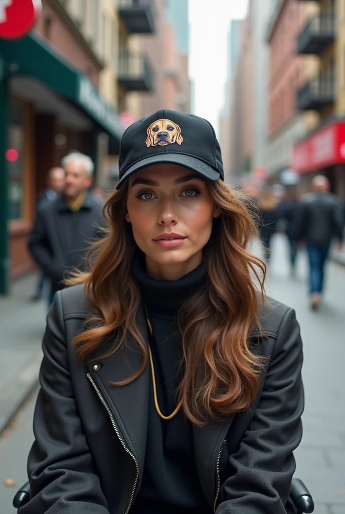 American woman wearing a black Canvas baseball cap with embroidered dog head pattern sitting on a chair on the streetrunway