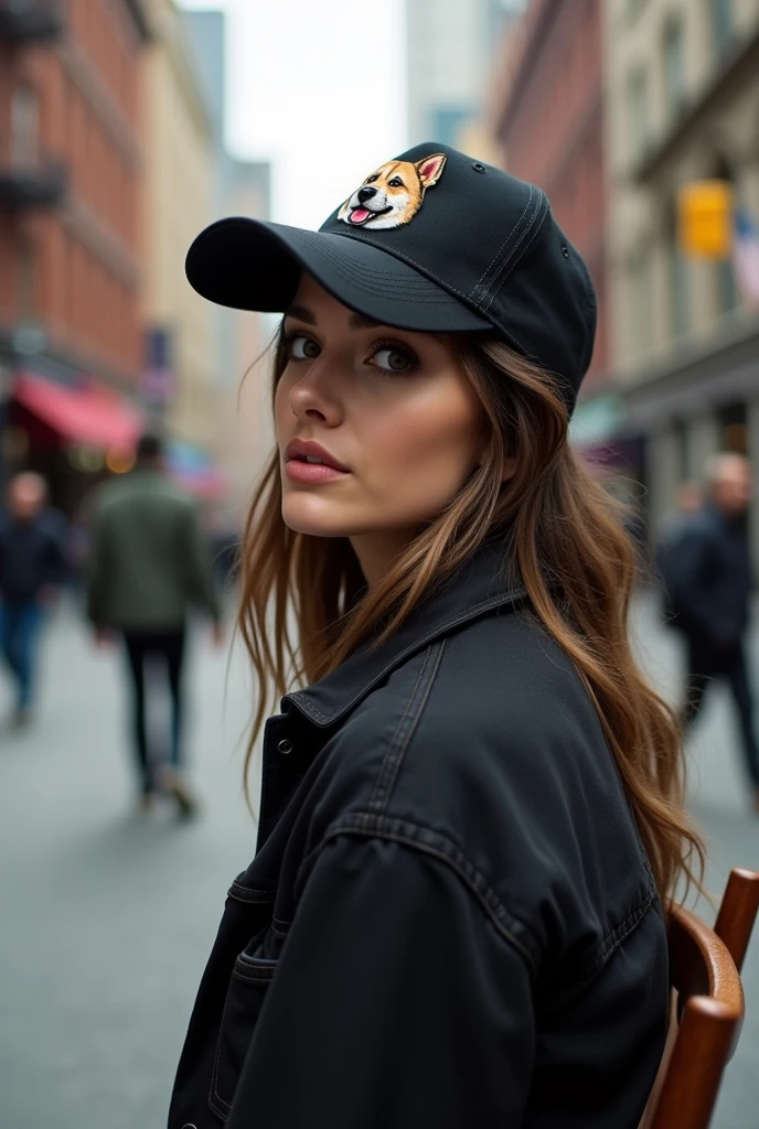 American woman wearing a black Canvas baseball cap with embroidered dog head pattern sitting on a chair on the streetrunway