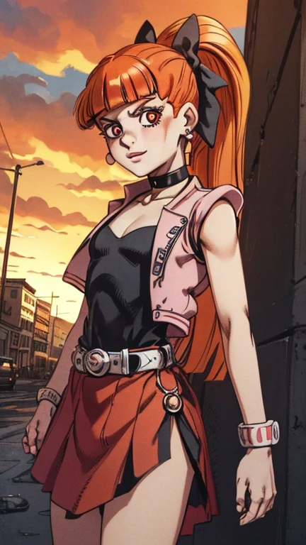 (1girl, solo, highly insanely detailed, masterpiece, top quality, best quality, highres, 4k, 8k, RAW photo),((innocent look)),((Childish)),From the front, symmetrical composition,smile,cute,Innocent,Kind eyes,Flat chest,JOJO'S BIZARRE ADVENTURE Part 5 Comic Style,apocalyptic city, city devastated by zombies, (ppgzbs), (red eyes, orange hair, long hair, ponytail, hair bow, blunt bangs, earrings, black choker, pink vest, red skirt, belt)