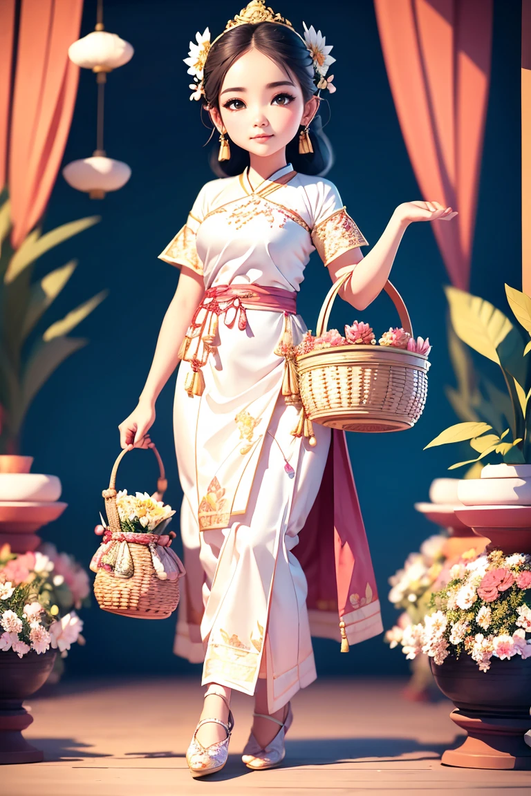 hyper realistic a beautiful woman wearing a dress design from Thai traditional fabric in cute style and wearing beautiful shoes, holding a basket , decorated with gorgeous flowers