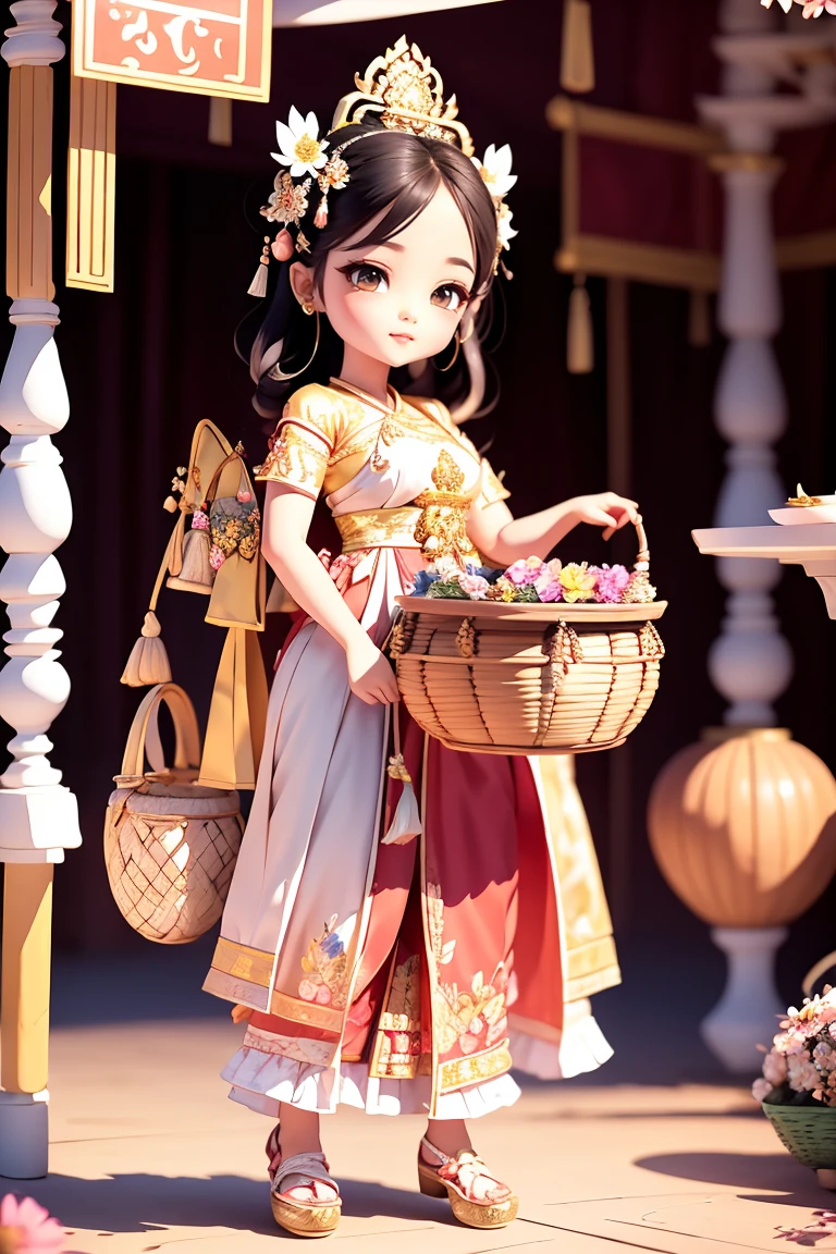 hyper realistic a beautiful woman wearing a dress design from Thai traditional fabric in cute style and wearing beautiful shoes, holding a basket , decorated with gorgeous flowers