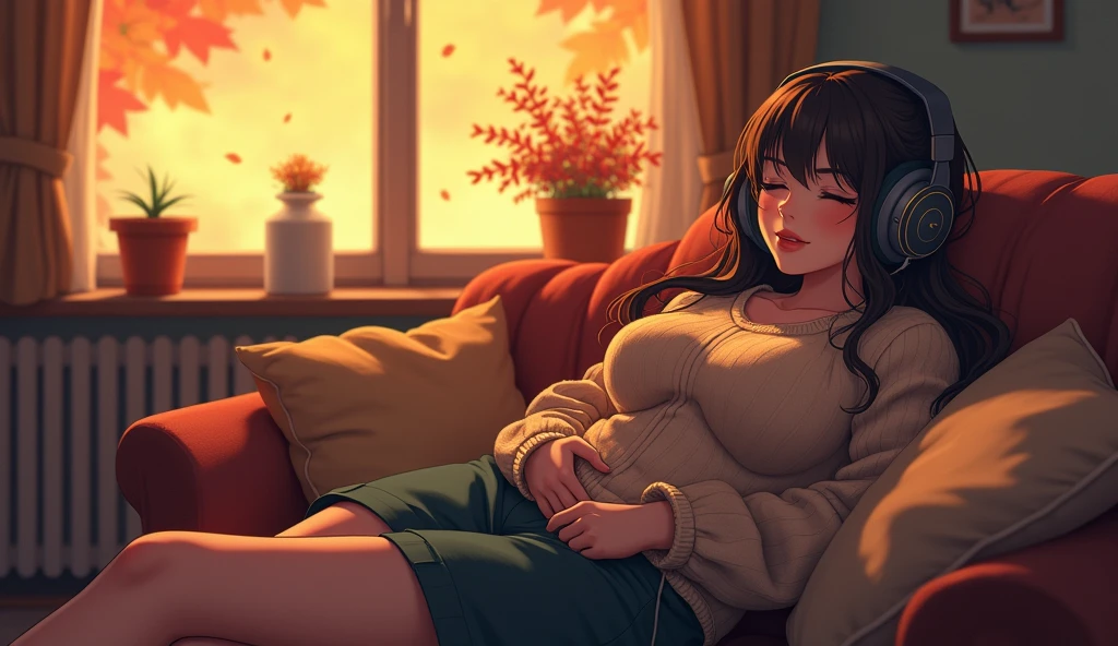 Perfect image, 8k, High school girl listening to music in a cozy room,Big Breasts、 Using headphones, 2D-style animation, Lo-Fi,autumn leaves、autumn、Dozing on the sofa、Retro、Anime style illustrations、Mature atmosphere、Wearing knitwear