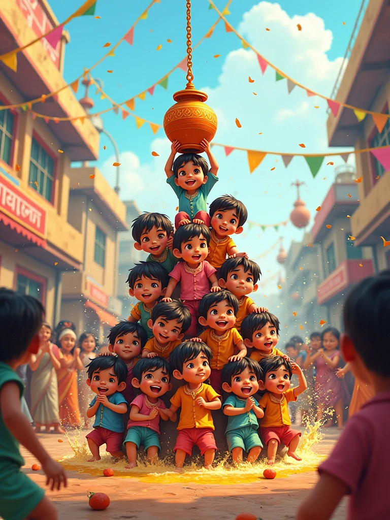Create a vibrant sketch of the Dahi Handi festival, capturing the excitement and energy of the event. The scene should feature a cute small ??? pyramid of enthusiastic participants, with cute small ??? climbing on each other's shoulders to reach a clay pot (handi) suspended high above. The setting is a crowded street in an Indian town, filled with cheering onlookers, colorful decorations, and splashes of water in the air. Traditional attire, such as kurtas and turbans, should be worn by the participants, and the overall atmosphere should be festive and lively, reflecting the joyous spirit of the celebration