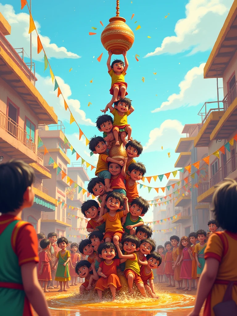 Create a vibrant sketch of the Dahi Handi festival, capturing the excitement and energy of the event. The scene should feature a cute small kid pyramid of enthusiastic participants, with cute small kid climbing on each other's shoulders to reach a clay pot (handi) suspended high above. The setting is a crowded street in an Indian town, filled with cheering onlookers, colorful decorations, and splashes of water in the air. Traditional attire, such as kurtas and turbans, should be worn by the participants, and the overall atmosphere should be festive and lively, reflecting the joyous spirit of the celebration