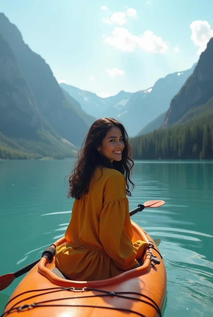 (Best quality, Ultra detailed, Golden ratio, Masterpiece:1.4), Analog photograph: 1.2, Hyperrealistic: 1.3, Kayaking on a serene lake under the warm, sunny weather, surrounded by towering mountains and crystal clear blue water. The woman, identified as 'krrrsty', captures a moment of adventurous peace, her long sleeves billowing in the gentle breeze. She flashes a captivating smile, her black or brown hair cascading over her shoulders in loose curls, adding to her striking beauty. The photograph, reminiscent of a professional fashion photoshoot, trends on ArtStation, showcasing a modern