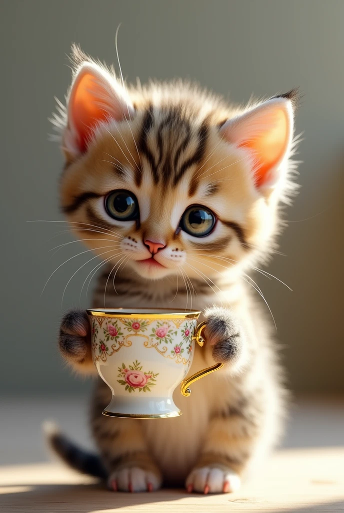 A realistic kitten holding an antique coffee cup